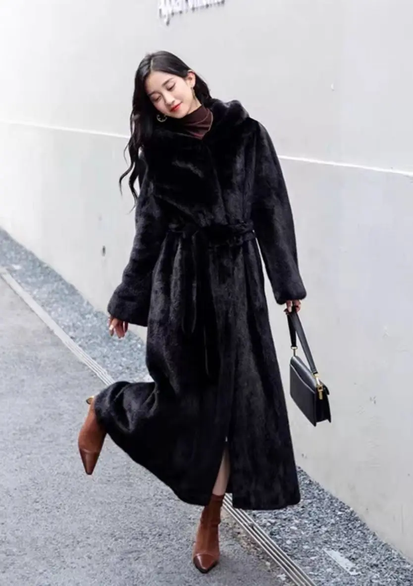 Women Thick Maxi Jacket Y2k Autumn Winter Belt Faux Fur Maxi Coat Long Warm Luxury Belt Fur Black Parkas Bontjas Furry Outerwear