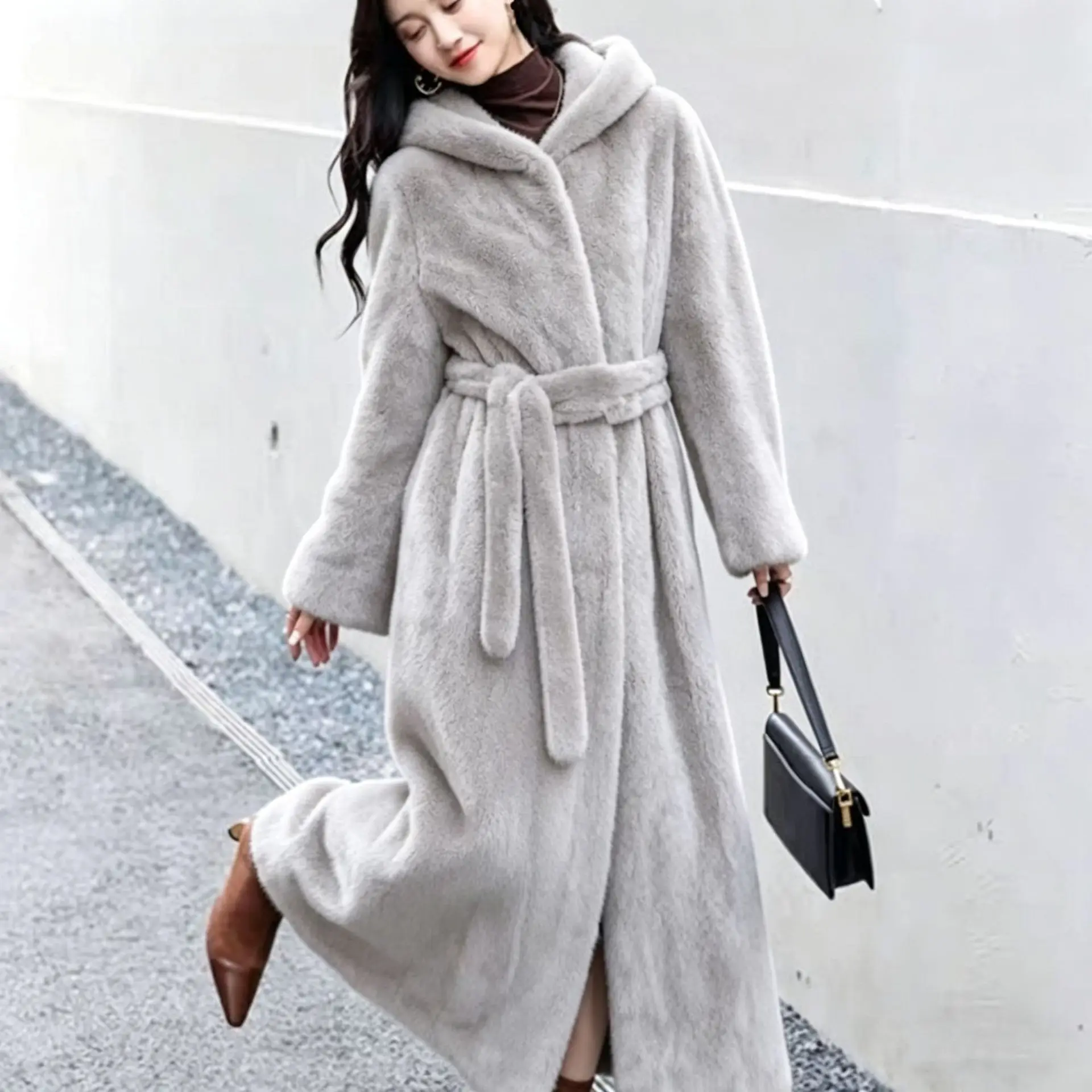 Women Thick Maxi Jacket Y2k Autumn Winter Belt Faux Fur Maxi Coat Long Warm Luxury Belt Fur Black Parkas Bontjas Furry Outerwear