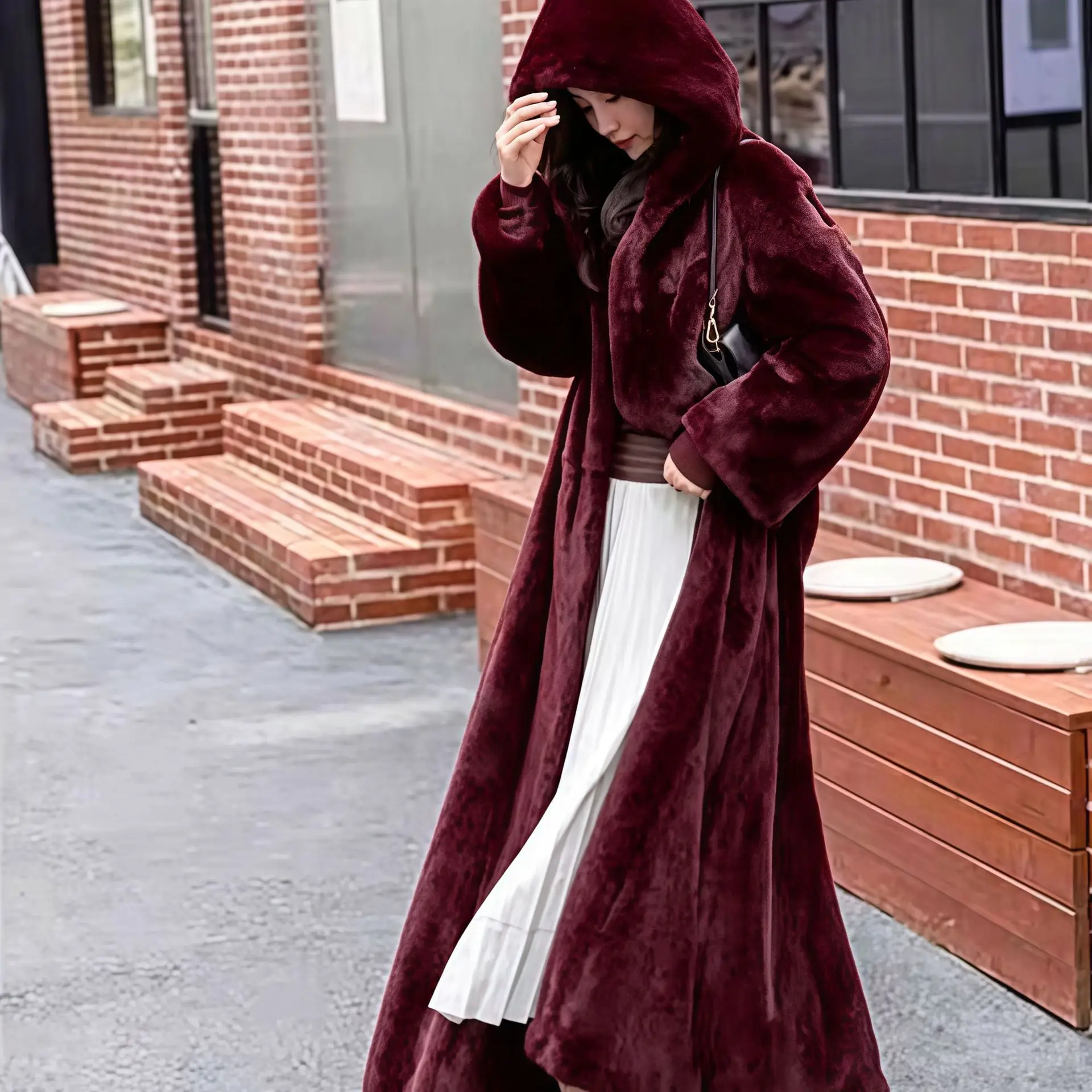 Women Thick Maxi Jacket Y2k Autumn Winter Belt Faux Fur Maxi Coat Long Warm Luxury Belt Fur Black Parkas Bontjas Furry Outerwear