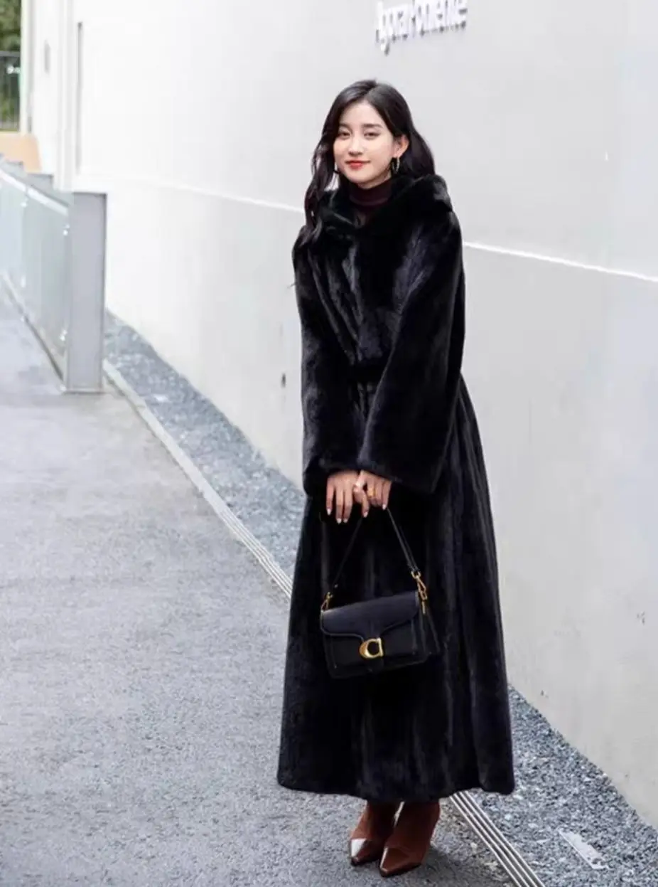 Women Thick Maxi Jacket Y2k Autumn Winter Belt Faux Fur Maxi Coat Long Warm Luxury Belt Fur Black Parkas Bontjas Furry Outerwear