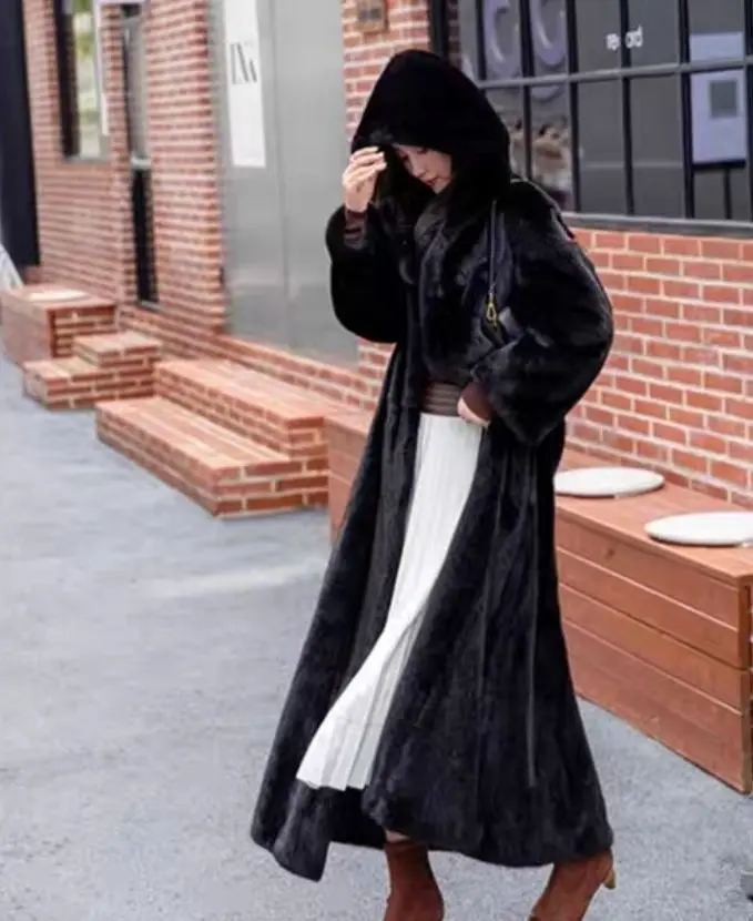 Women Thick Maxi Jacket Y2k Autumn Winter Belt Faux Fur Maxi Coat Long Warm Luxury Belt Fur Black Parkas Bontjas Furry Outerwear