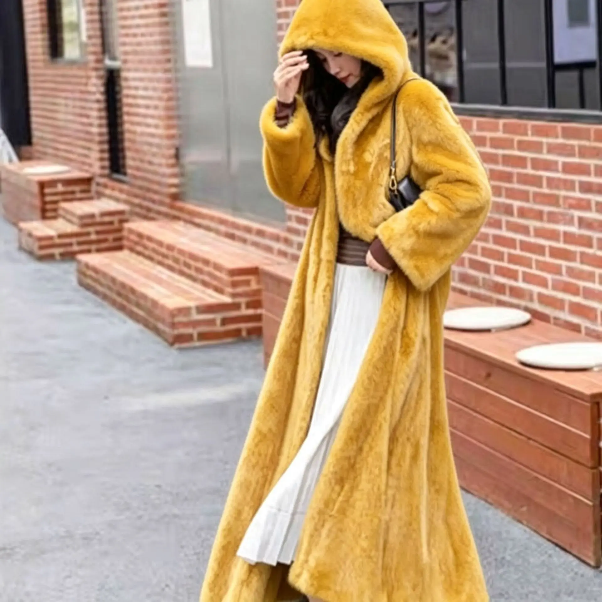 Women Thick Maxi Jacket Y2k Autumn Winter Belt Faux Fur Maxi Coat Long Warm Luxury Belt Fur Black Parkas Bontjas Furry Outerwear