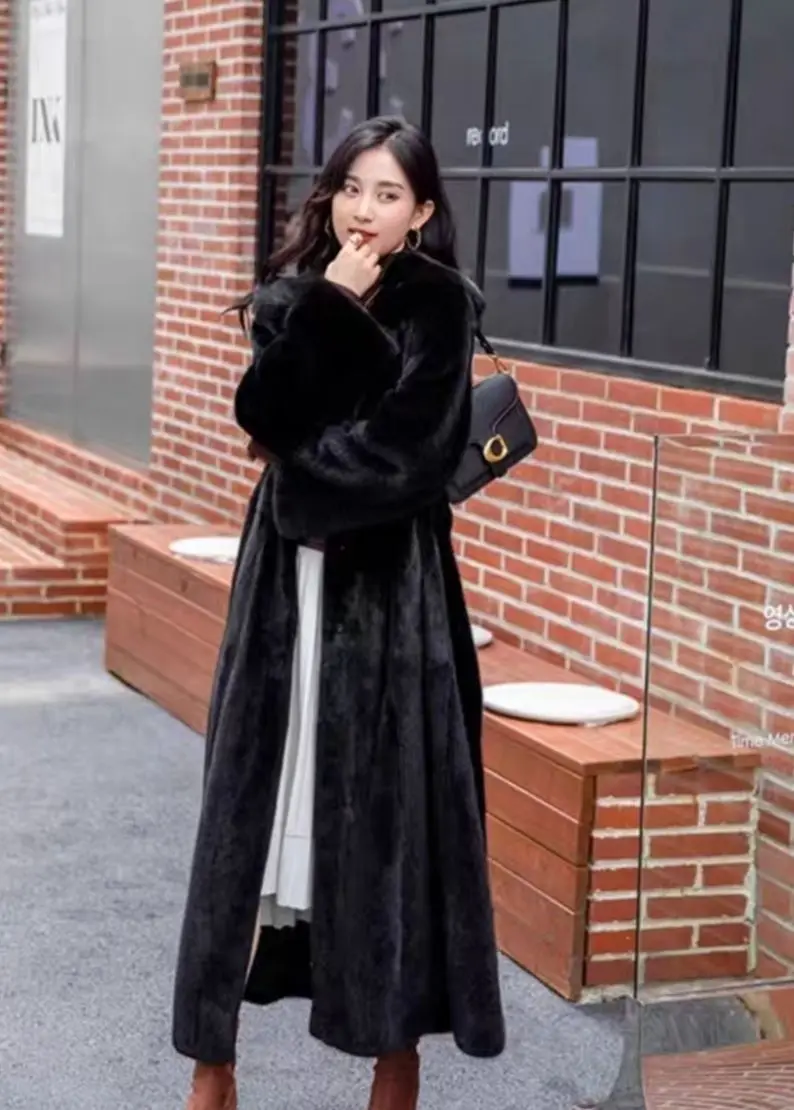 Women Thick Maxi Jacket Y2k Autumn Winter Belt Faux Fur Maxi Coat Long Warm Luxury Belt Fur Black Parkas Bontjas Furry Outerwear