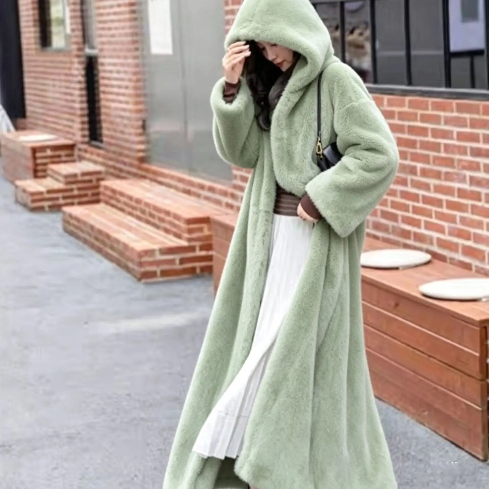 Women Thick Maxi Jacket Y2k Autumn Winter Belt Faux Fur Maxi Coat Long Warm Luxury Belt Fur Black Parkas Bontjas Furry Outerwear