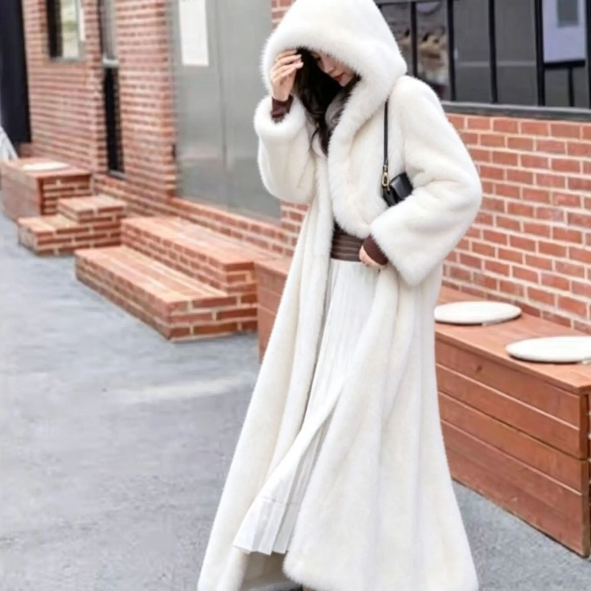 Women Thick Maxi Jacket Y2k Autumn Winter Belt Faux Fur Maxi Coat Long Warm Luxury Belt Fur Black Parkas Bontjas Furry Outerwear
