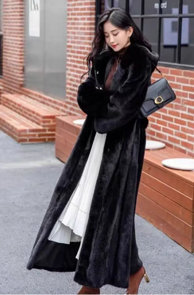 Women Thick Maxi Jacket Y2k Autumn Winter Belt Faux Fur Maxi Coat Long Warm Luxury Belt Fur Black Parkas Bontjas Furry Outerwear