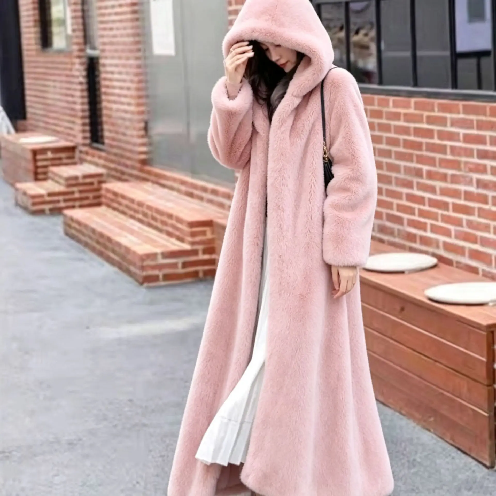 Women Thick Maxi Jacket Y2k Autumn Winter Belt Faux Fur Maxi Coat Long Warm Luxury Belt Fur Black Parkas Bontjas Furry Outerwear