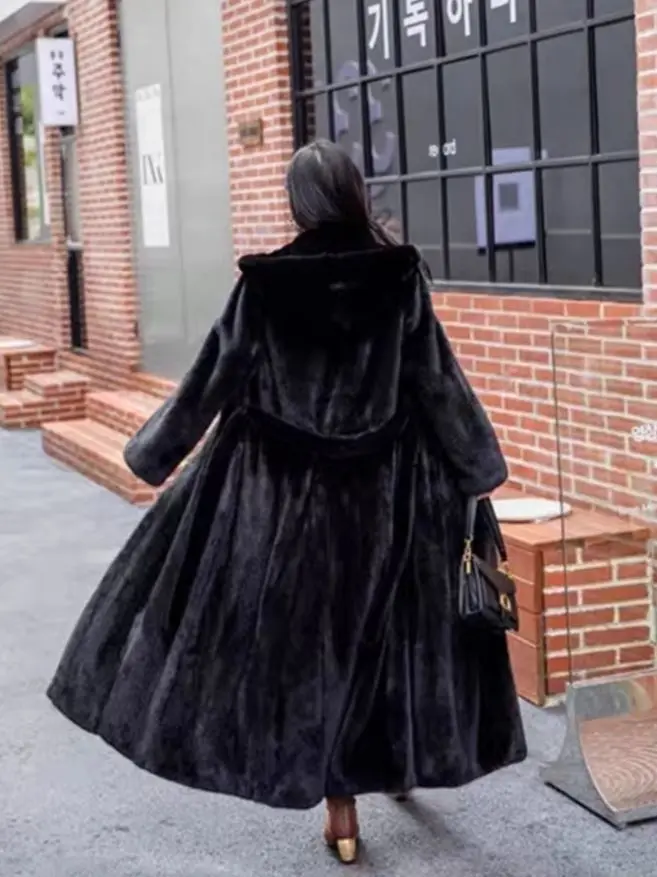 Women Thick Maxi Jacket Y2k Autumn Winter Belt Faux Fur Maxi Coat Long Warm Luxury Belt Fur Black Parkas Bontjas Furry Outerwear