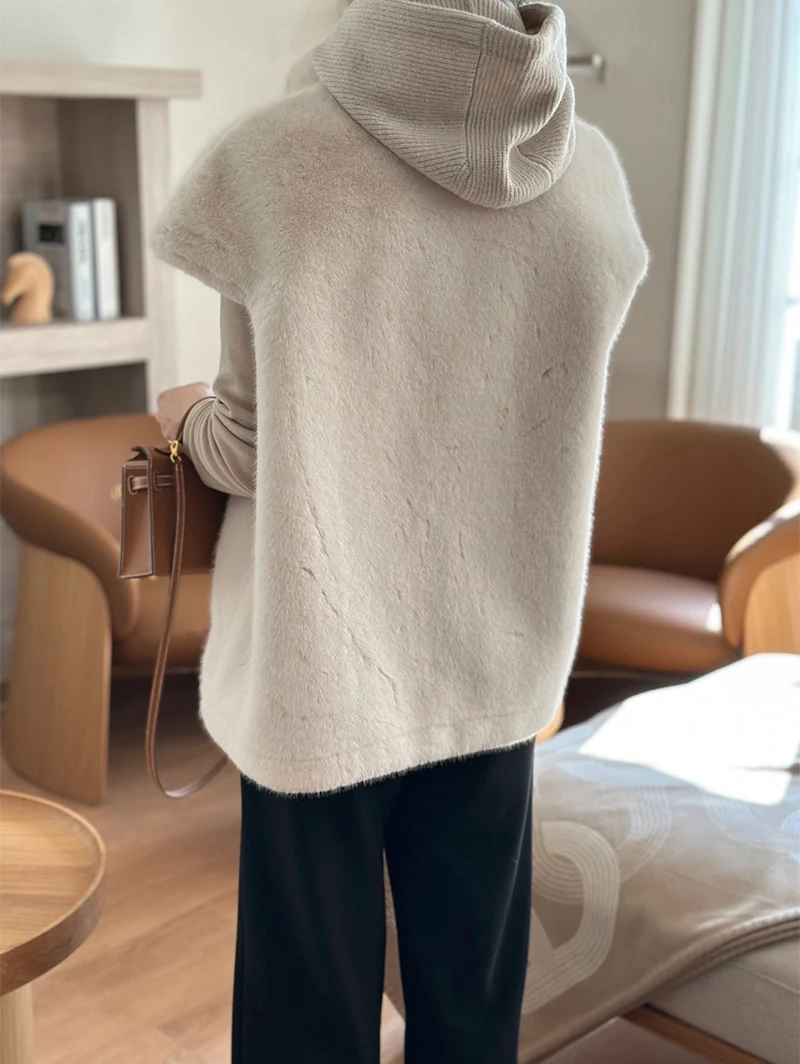New Arrivals Faux Mink Fur Women Coat Winter Fall Warm Turtle Neck Petal Sleeves Korean Fashion Girls Faux Fur Jacket