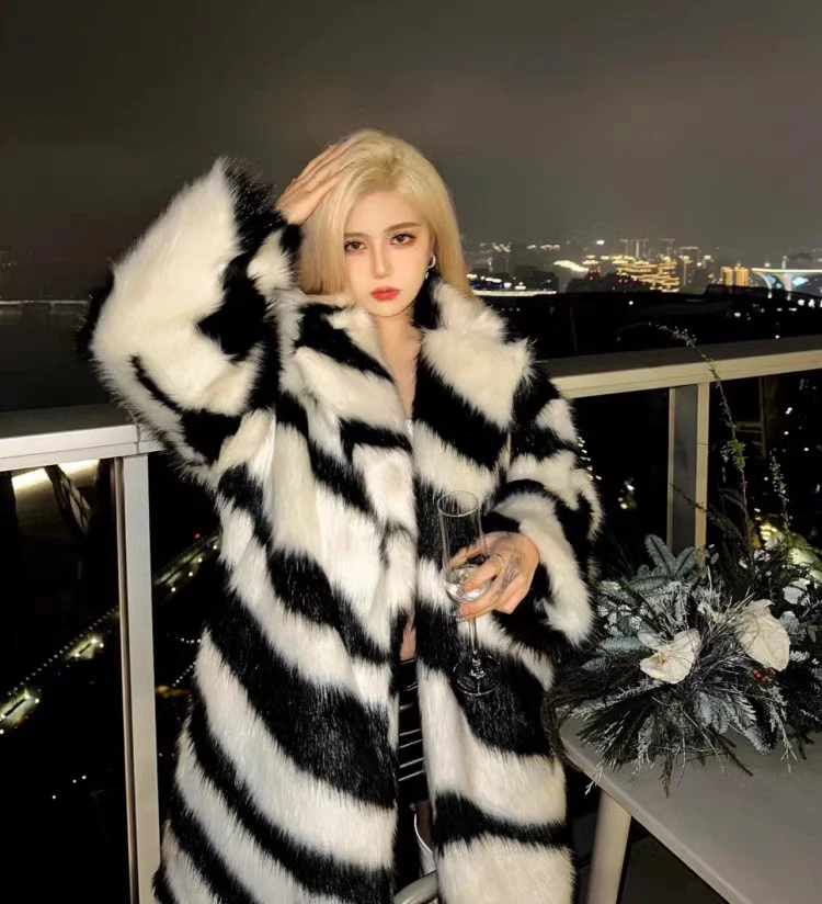 Ladies Spice sexy zebra fur coat fox fur mid-length coat temperament winter thick