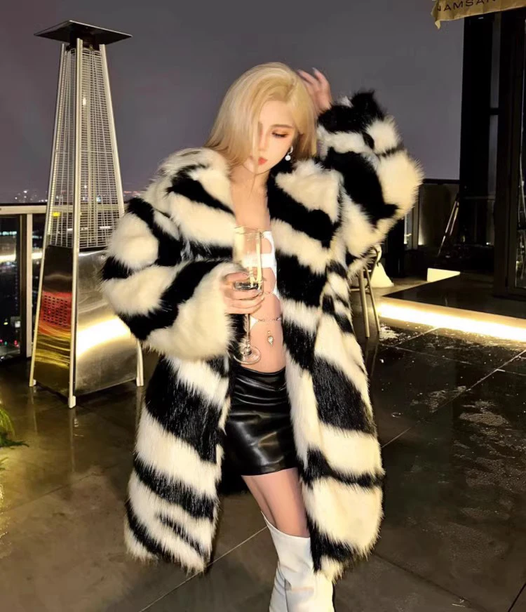 Ladies Spice sexy zebra fur coat fox fur mid-length coat temperament winter thick