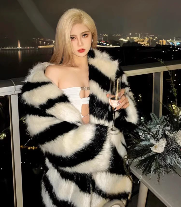 Ladies Spice sexy zebra fur coat fox fur mid-length coat temperament winter thick
