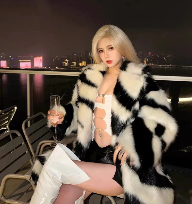 Ladies Spice sexy zebra fur coat fox fur mid-length coat temperament winter thick