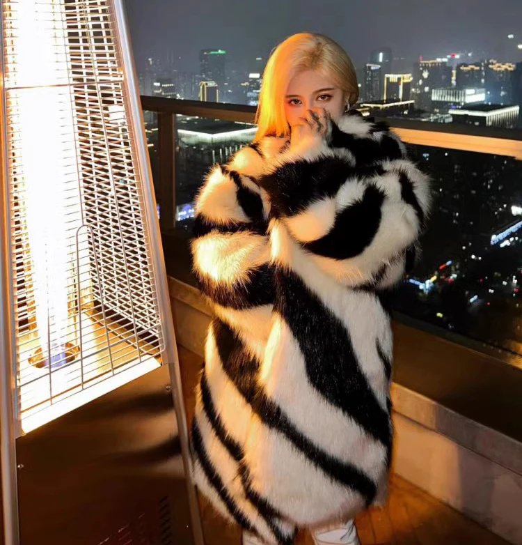 Ladies Spice sexy zebra fur coat fox fur mid-length coat temperament winter thick