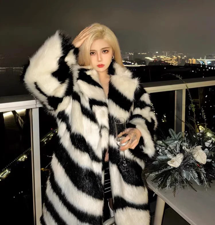 Ladies Spice sexy zebra fur coat fox fur mid-length coat temperament winter thick