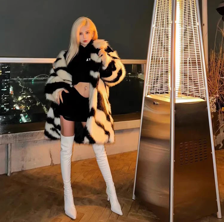 Ladies Spice sexy zebra fur coat fox fur mid-length coat temperament winter thick