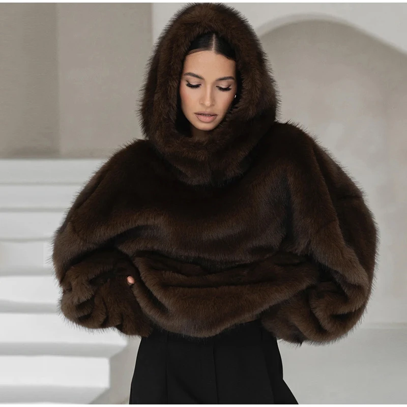 Winter Brown Faux Fur Hooded Women's Coat Full Sleeve Warm Thick Loose Plush Pullover Female 2025 Fashion Lady New Outwear