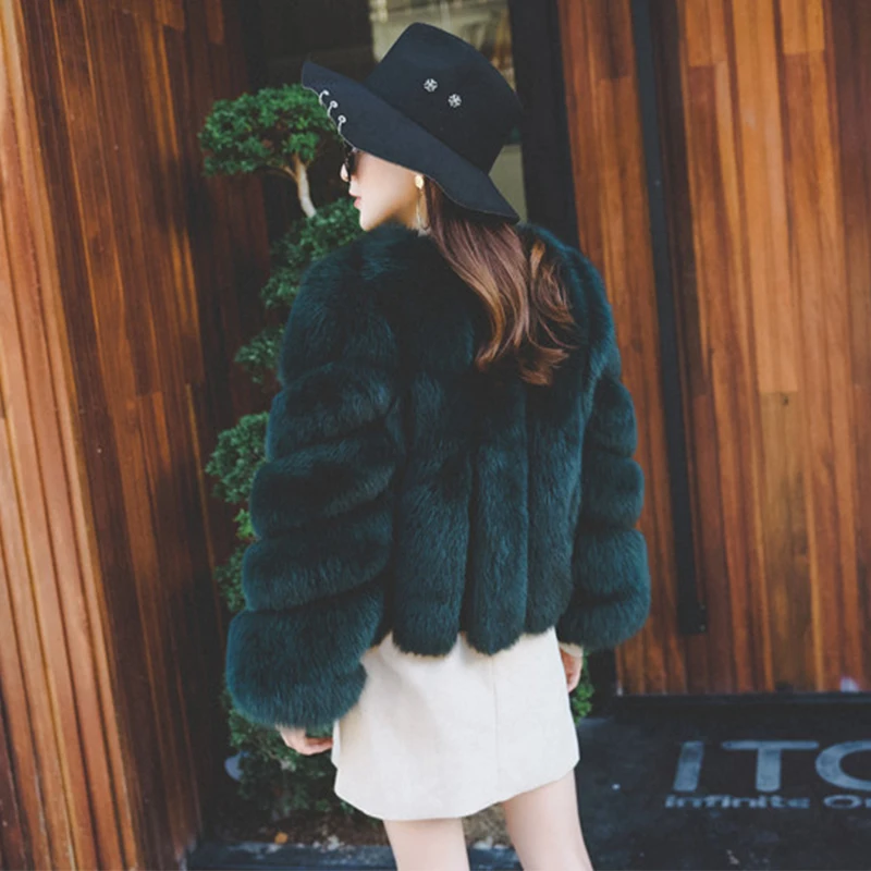 HJQJLJLS 2021 Winter New Fashion Women Short Faux Fox Fur Coat Female Long Sleeve Thick Warm Faux Fur Jacket Green Outerwear