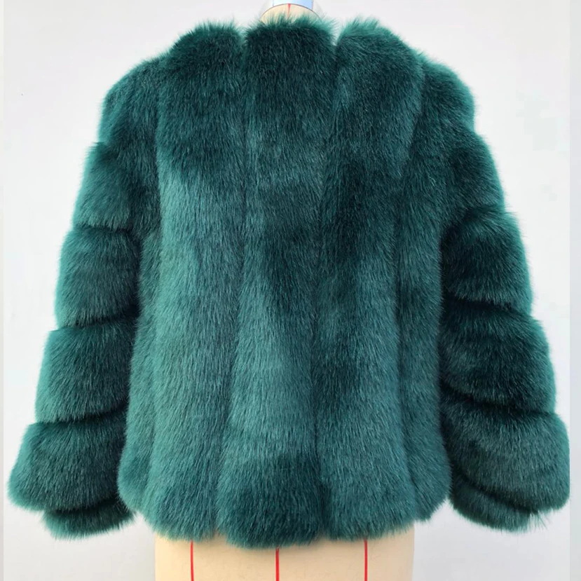 HJQJLJLS 2021 Winter New Fashion Women Short Faux Fox Fur Coat Female Long Sleeve Thick Warm Faux Fur Jacket Green Outerwear