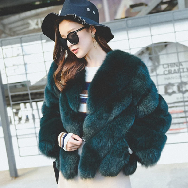 HJQJLJLS 2021 Winter New Fashion Women Short Faux Fox Fur Coat Female Long Sleeve Thick Warm Faux Fur Jacket Green Outerwear
