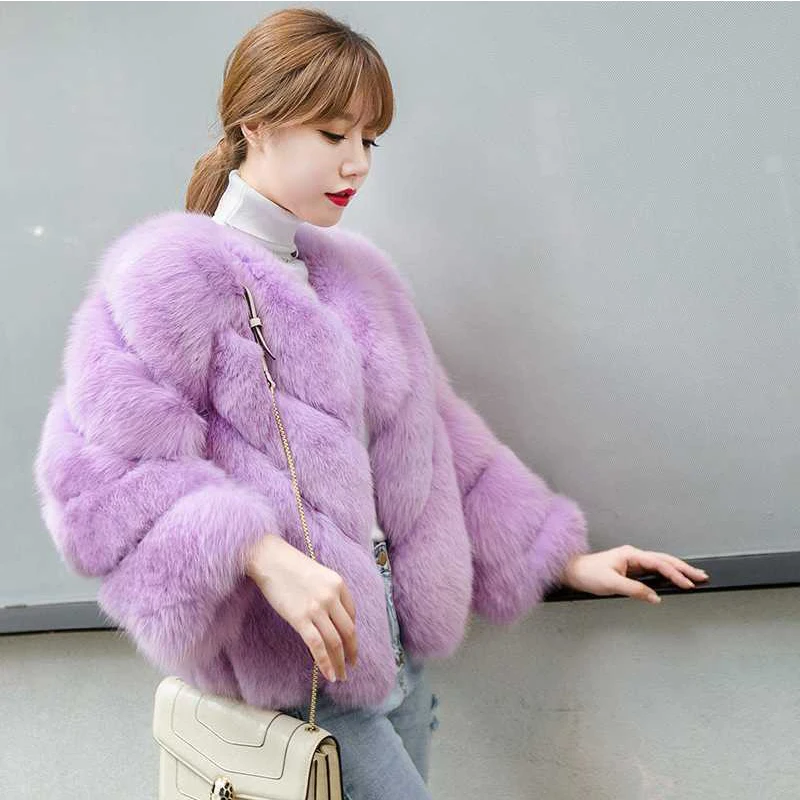 HJQJLJLS 2021 Winter New Fashion Women Short Faux Fox Fur Coat Female Long Sleeve Thick Warm Faux Fur Jacket Green Outerwear