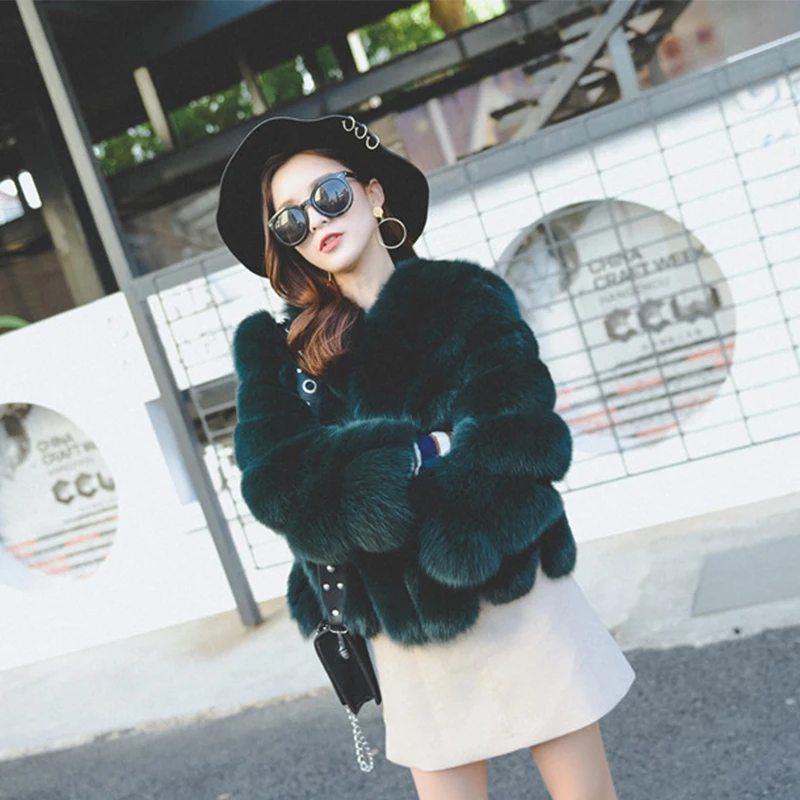 HJQJLJLS 2021 Winter New Fashion Women Short Faux Fox Fur Coat Female Long Sleeve Thick Warm Faux Fur Jacket Green Outerwear
