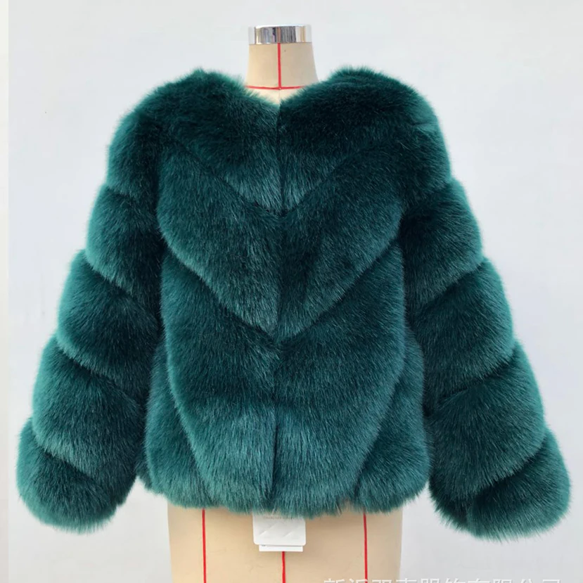 HJQJLJLS 2021 Winter New Fashion Women Short Faux Fox Fur Coat Female Long Sleeve Thick Warm Faux Fur Jacket Green Outerwear