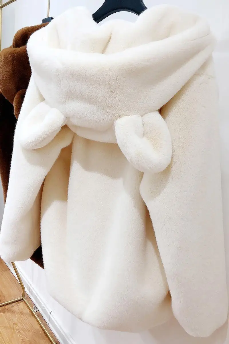 Cosy Loose Faux Fur Coat Womens Faux Fur Fuzzy Hooded Fluffy Ears Surcoat Overcoat Woman Winter Warm Outerwear Snowy Day Wrap