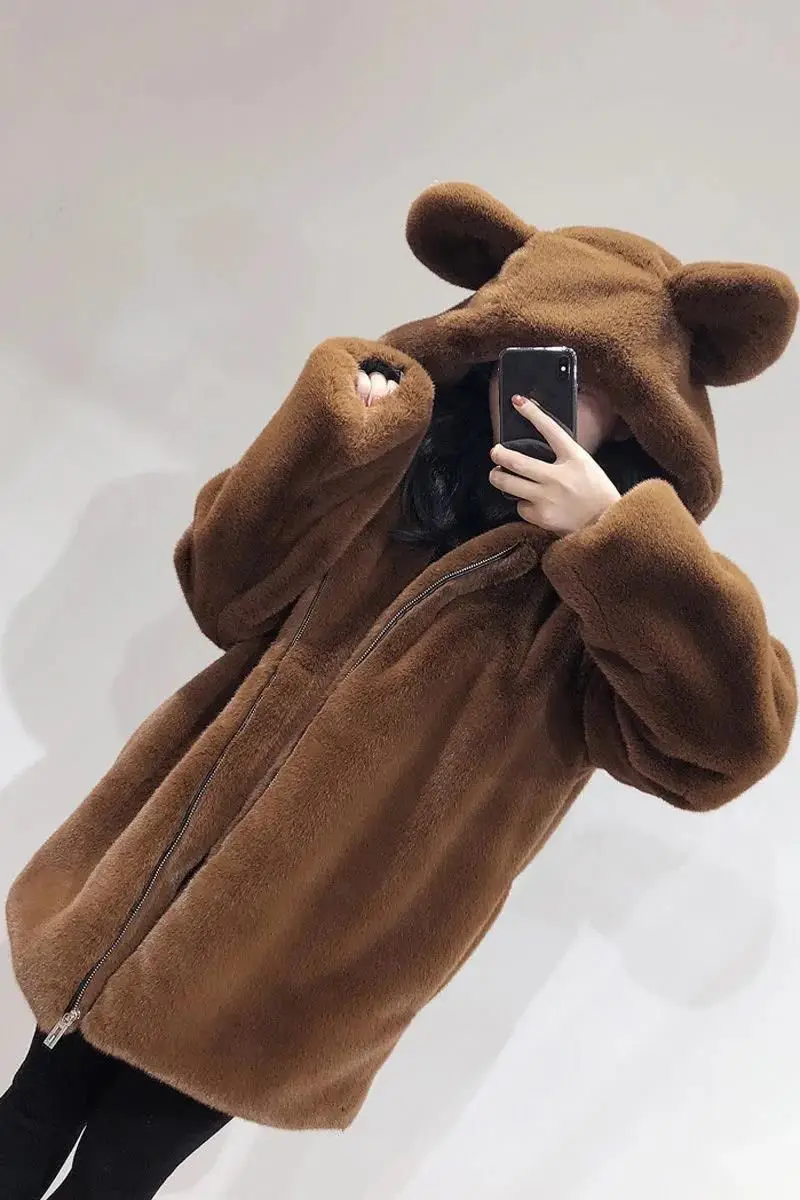 Cosy Loose Faux Fur Coat Womens Faux Fur Fuzzy Hooded Fluffy Ears Surcoat Overcoat Woman Winter Warm Outerwear Snowy Day Wrap