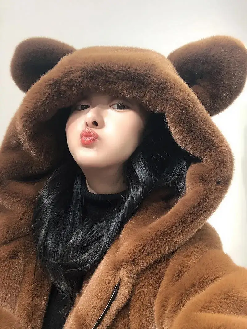 Cosy Loose Faux Fur Coat Womens Faux Fur Fuzzy Hooded Fluffy Ears Surcoat Overcoat Woman Winter Warm Outerwear Snowy Day Wrap