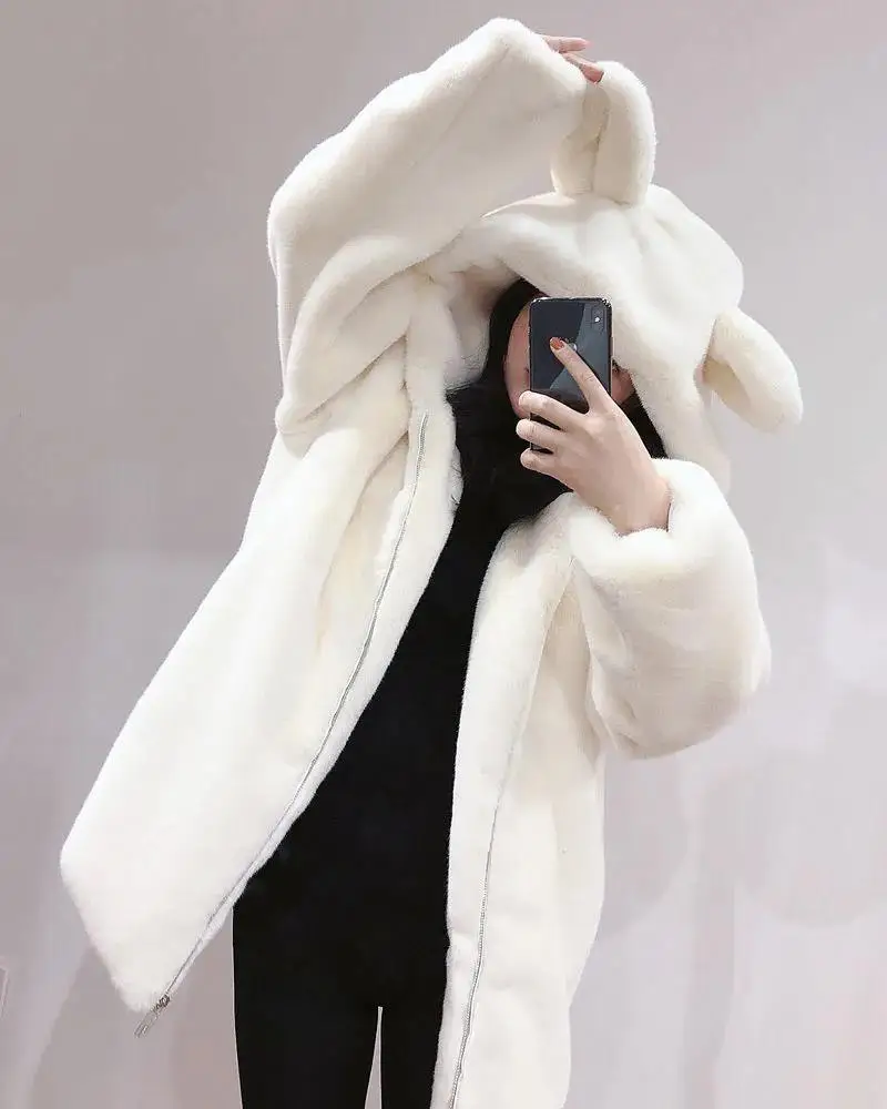 Cosy Loose Faux Fur Coat Womens Faux Fur Fuzzy Hooded Fluffy Ears Surcoat Overcoat Woman Winter Warm Outerwear Snowy Day Wrap