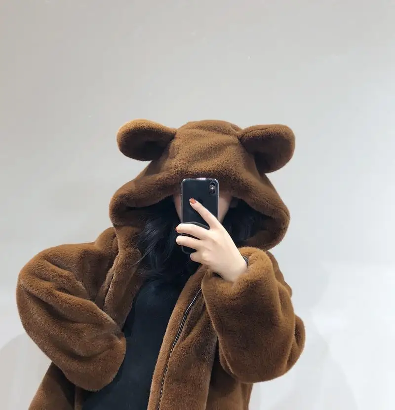 Cosy Loose Faux Fur Coat Womens Faux Fur Fuzzy Hooded Fluffy Ears Surcoat Overcoat Woman Winter Warm Outerwear Snowy Day Wrap
