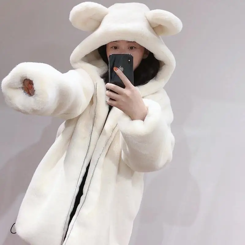 Cosy Loose Faux Fur Coat Womens Faux Fur Fuzzy Hooded Fluffy Ears Surcoat Overcoat Woman Winter Warm Outerwear Snowy Day Wrap