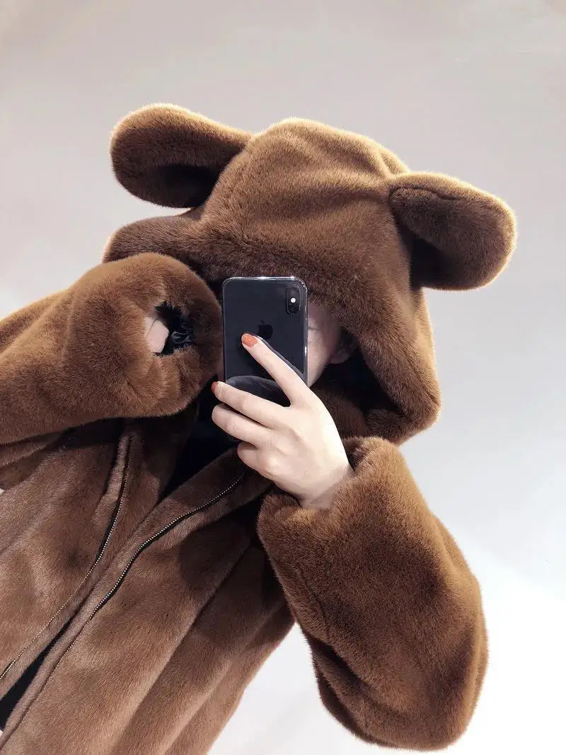 Cosy Loose Faux Fur Coat Womens Faux Fur Fuzzy Hooded Fluffy Ears Surcoat Overcoat Woman Winter Warm Outerwear Snowy Day Wrap