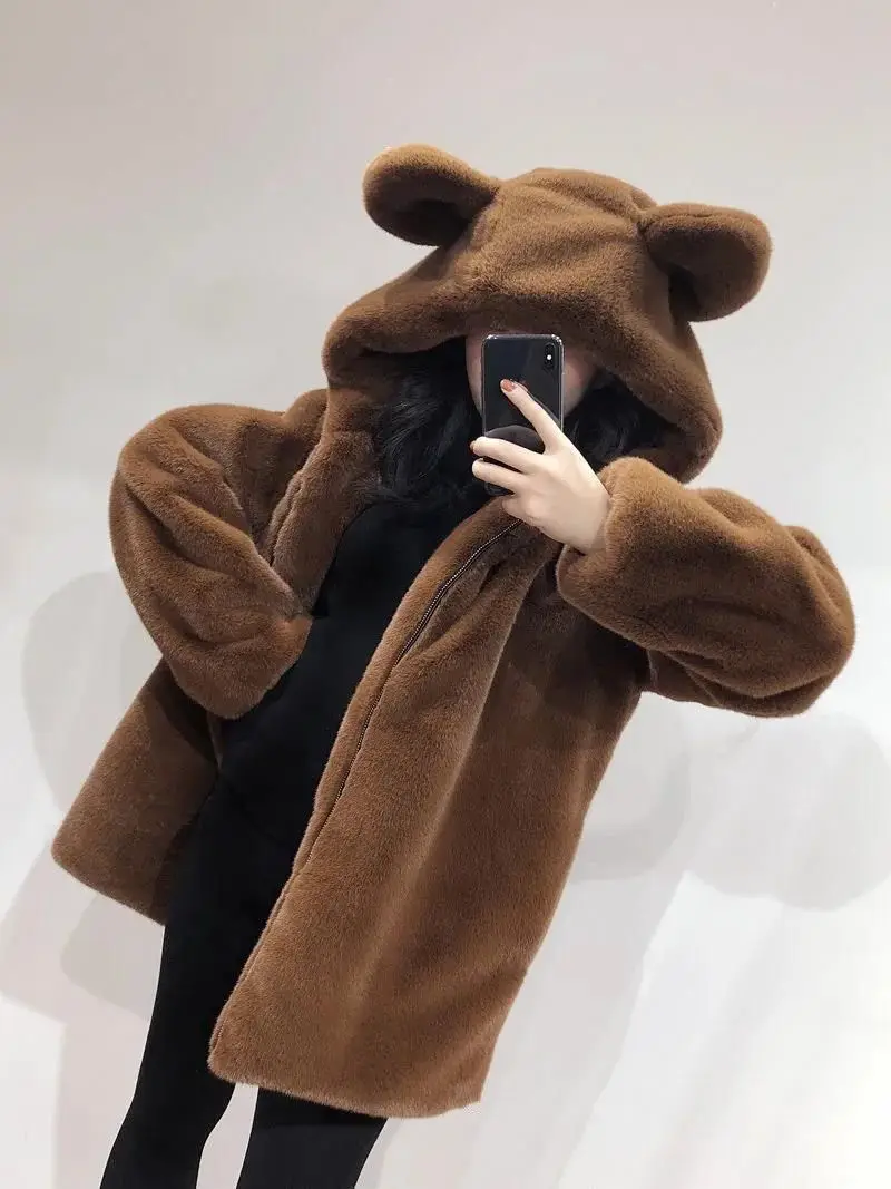 Cosy Loose Faux Fur Coat Womens Faux Fur Fuzzy Hooded Fluffy Ears Surcoat Overcoat Woman Winter Warm Outerwear Snowy Day Wrap