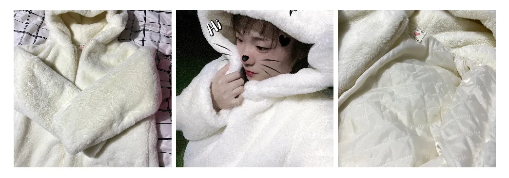 Cosy Loose Faux Fur Coat Womens Faux Fur Fuzzy Hooded Fluffy Ears Surcoat Overcoat Woman Winter Warm Outerwear Snowy Day Wrap