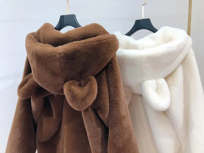 Cosy Loose Faux Fur Coat Womens Faux Fur Fuzzy Hooded Fluffy Ears Surcoat Overcoat Woman Winter Warm Outerwear Snowy Day Wrap