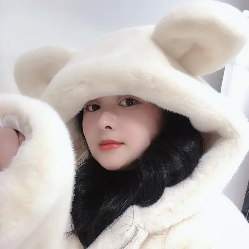 Cosy Loose Faux Fur Coat Womens Faux Fur Fuzzy Hooded Fluffy Ears Surcoat Overcoat Woman Winter Warm Outerwear Snowy Day Wrap