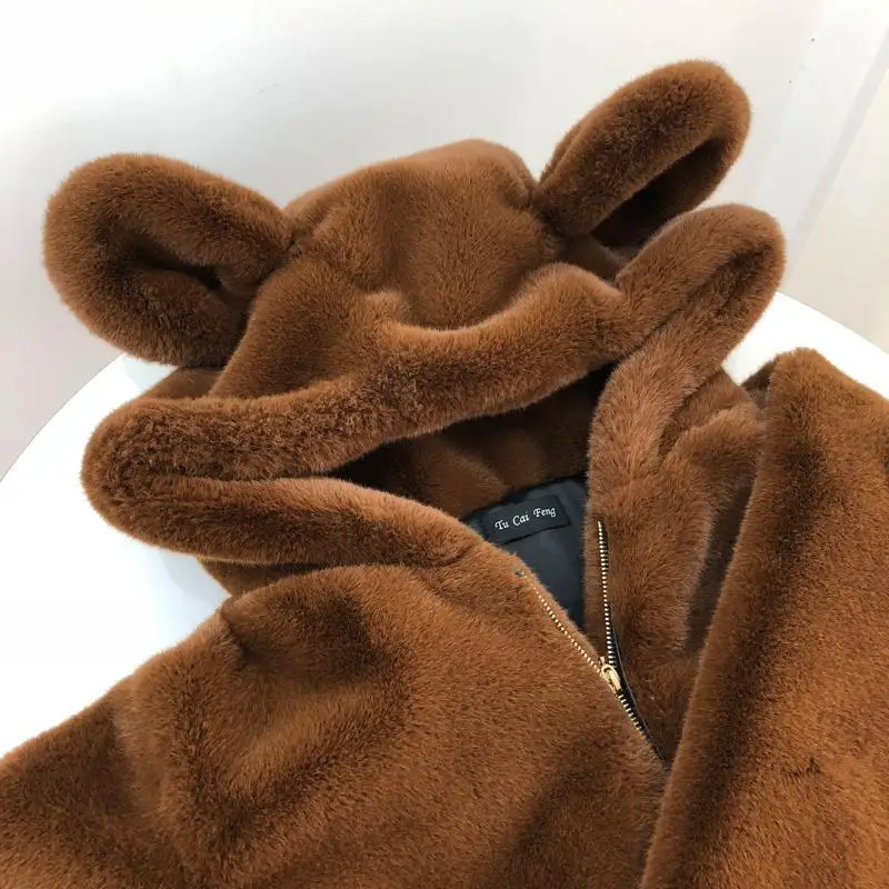Cosy Loose Faux Fur Coat Womens Faux Fur Fuzzy Hooded Fluffy Ears Surcoat Overcoat Woman Winter Warm Outerwear Snowy Day Wrap