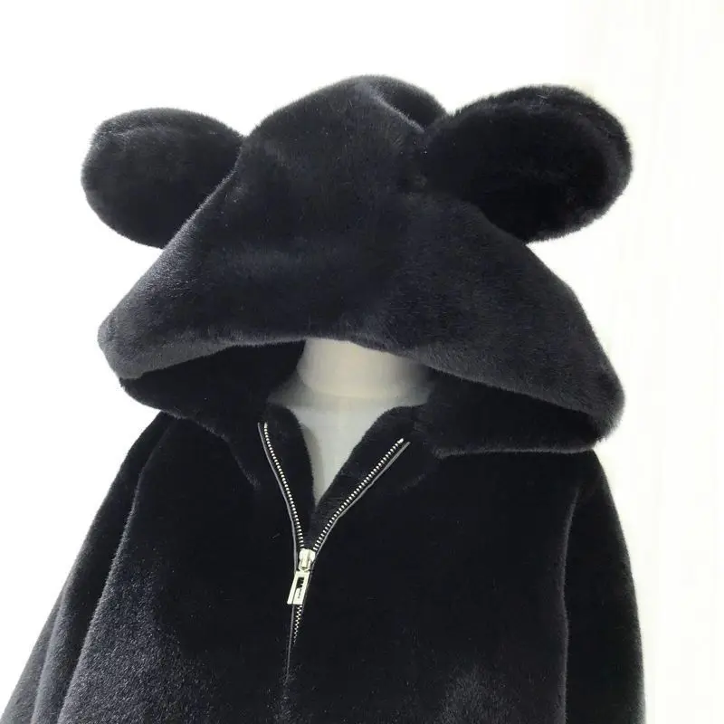 Cosy Loose Faux Fur Coat Womens Faux Fur Fuzzy Hooded Fluffy Ears Surcoat Overcoat Woman Winter Warm Outerwear Snowy Day Wrap