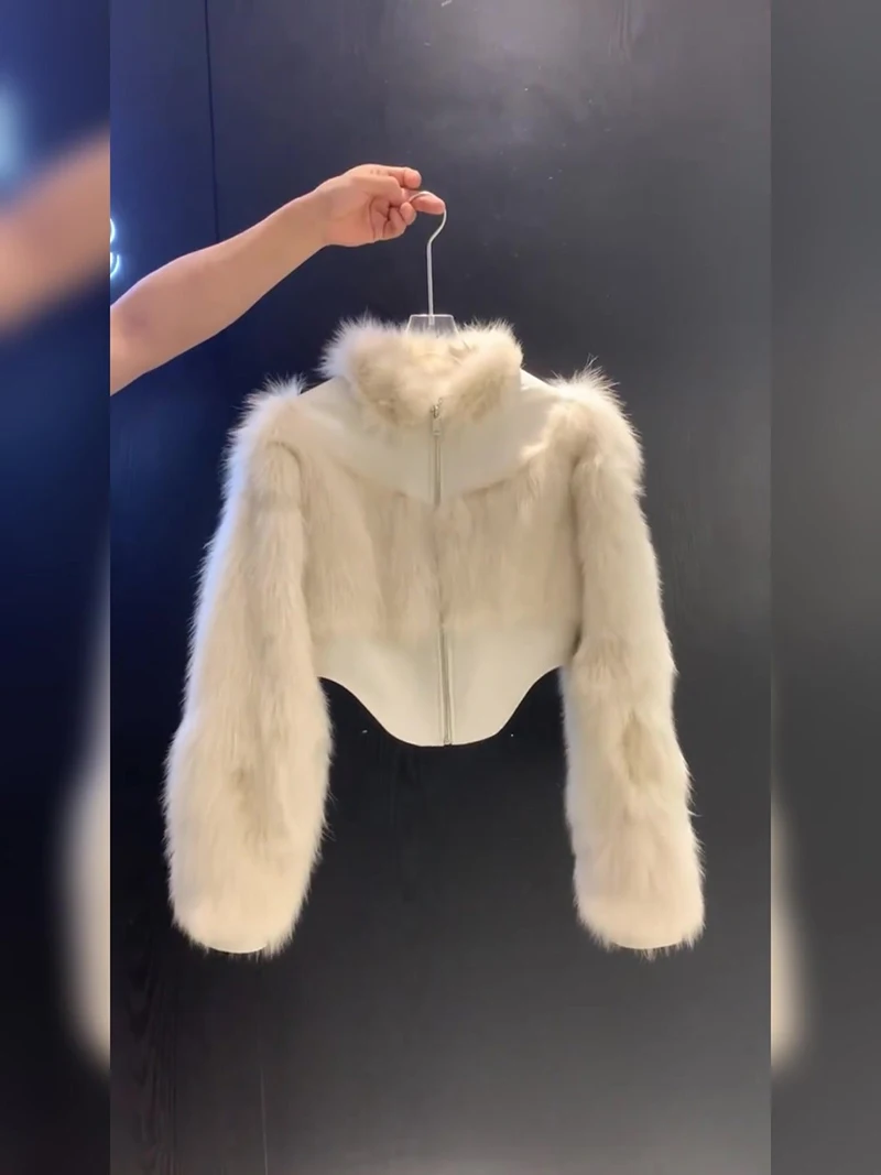 MEXZT Cropped Faux Fur Coat Women Fashion Elegant Patchwork Fluffy Jacket Winter Ladies Korean Long Sleeve Furry Outerwears New