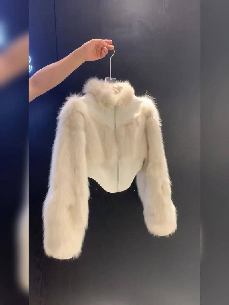 MEXZT Cropped Faux Fur Coat Women Fashion Elegant Patchwork Fluffy Jacket Winter Ladies Korean Long Sleeve Furry Outerwears New