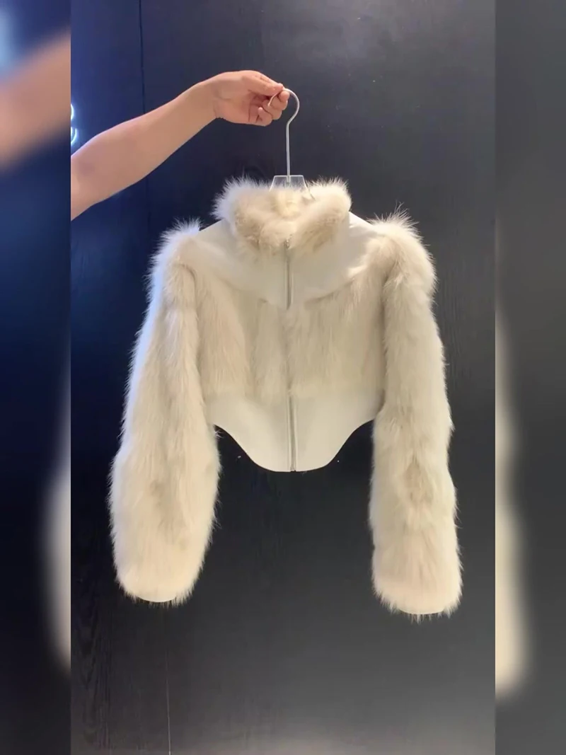 MEXZT Cropped Faux Fur Coat Women Fashion Elegant Patchwork Fluffy Jacket Winter Ladies Korean Long Sleeve Furry Outerwears New