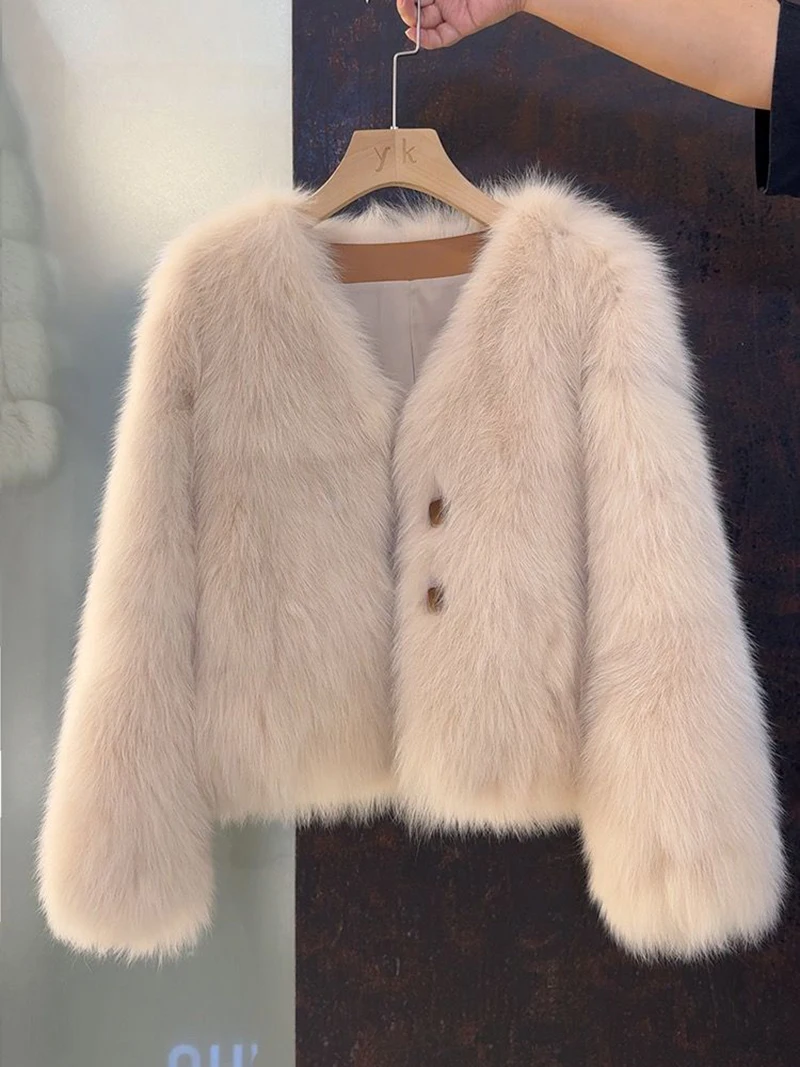 V Neck Faux Fur Fox Coat Women Vintage Slim Long Sleeve Elegant Jacket Winter Casual Female All Match Korean Soft Solid Outwear