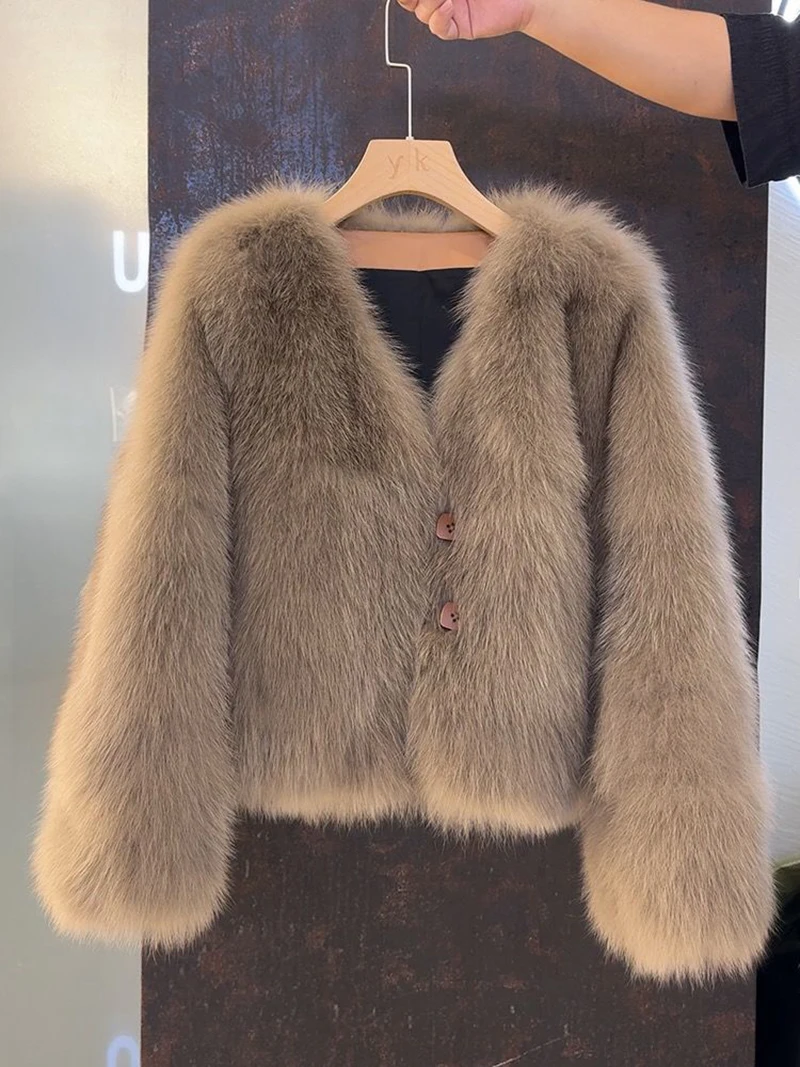 V Neck Faux Fur Fox Coat Women Vintage Slim Long Sleeve Elegant Jacket Winter Casual Female All Match Korean Soft Solid Outwear