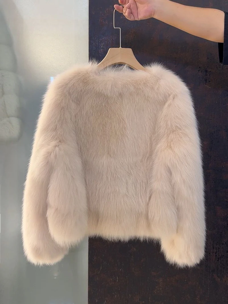 V Neck Faux Fur Fox Coat Women Vintage Slim Long Sleeve Elegant Jacket Winter Casual Female All Match Korean Soft Solid Outwear
