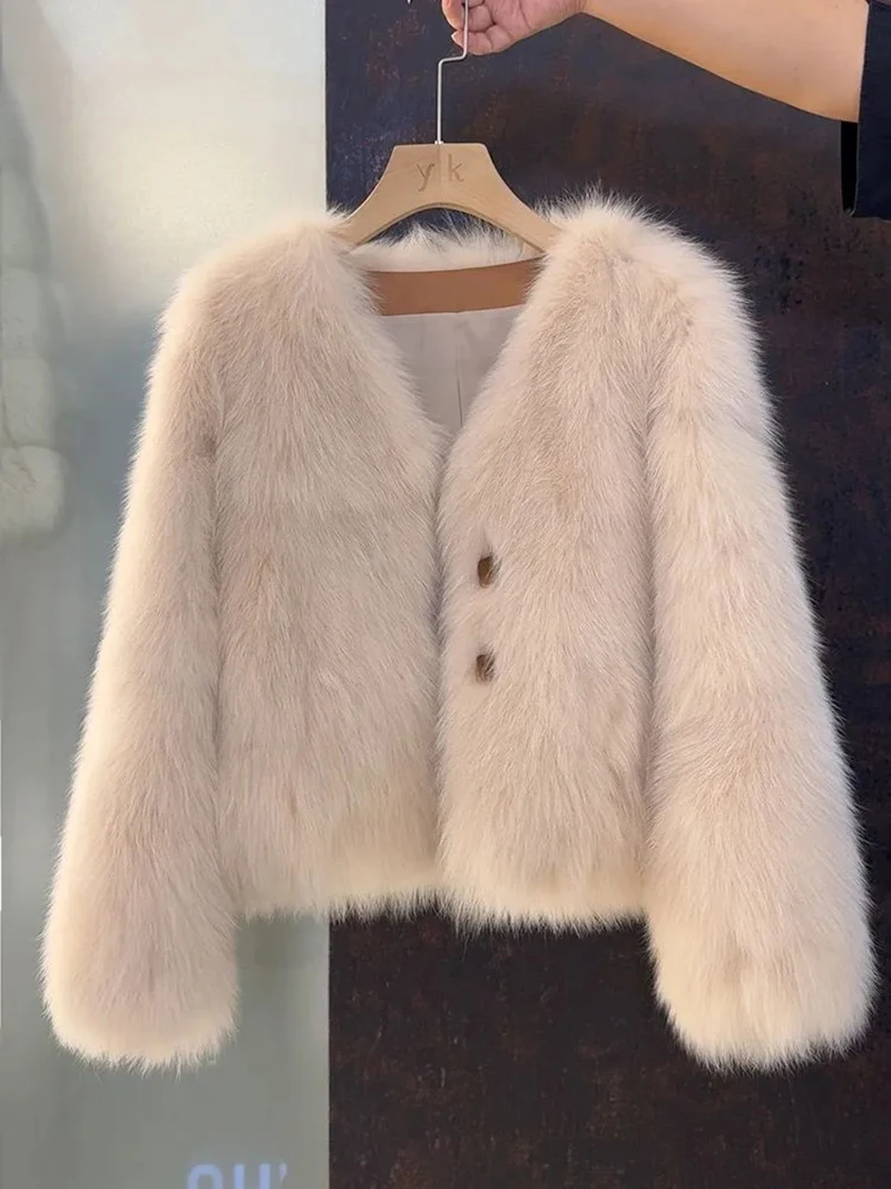 V Neck Faux Fur Fox Coat Women Vintage Slim Long Sleeve Elegant Jacket Winter Casual Female All Match Korean Soft Solid Outwear