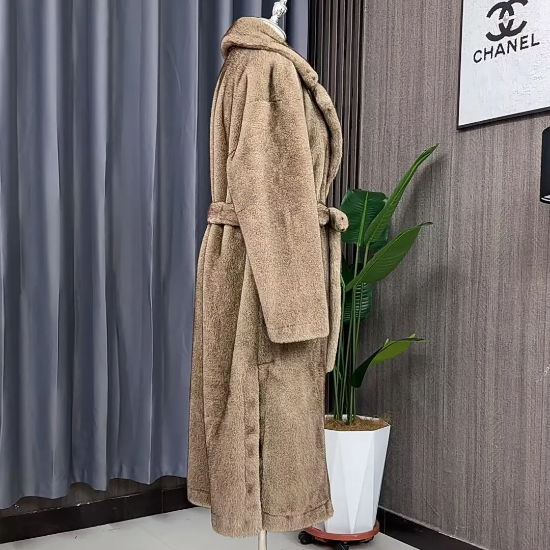 Tuularose Faux Fur Long Coat Women's Lace-up Thickened Long Fur Coat Jacket 2025 Winter Fluffy Plush Warm Lapel Vintage Outwear