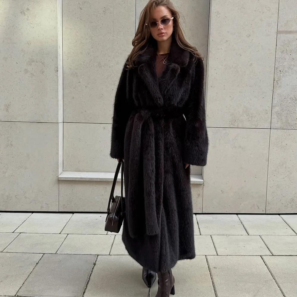 Tuularose Faux Fur Long Coat Women's Lace-up Thickened Long Fur Coat Jacket 2025 Winter Fluffy Plush Warm Lapel Vintage Outwear