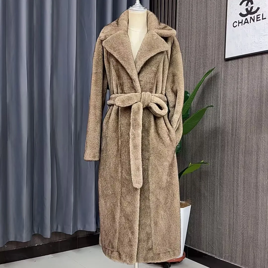 Tuularose Faux Fur Long Coat Women's Lace-up Thickened Long Fur Coat Jacket 2025 Winter Fluffy Plush Warm Lapel Vintage Outwear